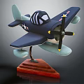Light Blue and Dark Blue Passenger Airplane Model with Propeller on Wooden Base