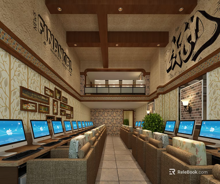 Spacious Internet Cafe Interior With Multiple Computers Rows Of Sofa Seats And Wooden Ceiling 3d model 