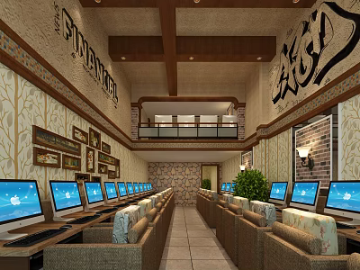 Spacious Internet Cafe Interior With Multiple Computers Rows Of Sofa Seats And Wooden Ceiling 3d model