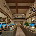 Spacious Internet Cafe Interior With Multiple Computers Rows Of Sofa Seats And Wooden Ceiling 3d model