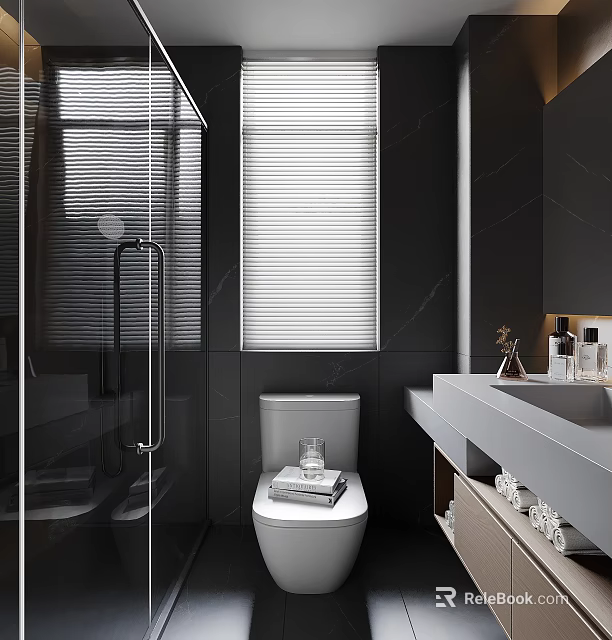 Modern Bathroom Interior Design With Glass Shower Toilet Vanity Countertop And Window Blinds 3d model 