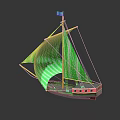 Decorative Ornament Set Featuring Green Sail Model Ship With Pink Hull Flag And Reflective Surface
