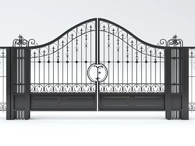 Ornate Black Iron Estate Gate With Intricate Designs Arched Top And Circular Emblem 3d model