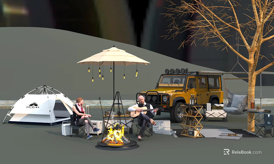 Scenic Garden Landscape With Bonfire Umbrella Yellow Off-Road Vehicle White Tent And Outdoor Seats 3d model 