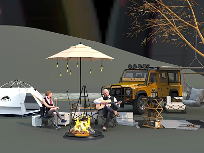 Scenic Garden Landscape With Bonfire Umbrella Yellow Off-Road Vehicle White Tent And Outdoor Seats 3d model