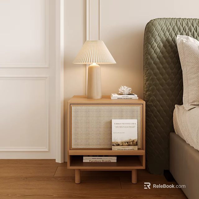 Modern Wooden Nightstand In Bedroom With Table Lamp Books And Woven Panel 3d model 