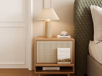 Modern Wooden Nightstand In Bedroom With Table Lamp Books And Woven Panel 3d model