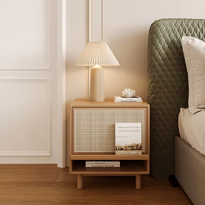 Modern Wooden Nightstand In Bedroom With Table Lamp Books And Woven Panel 3d model