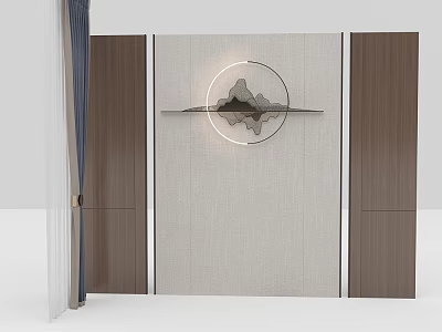 Decorative Interior Wall Featuring Light Textured Center Dark Wooden Panels Circular Light And Mountain Decoration 3d model
