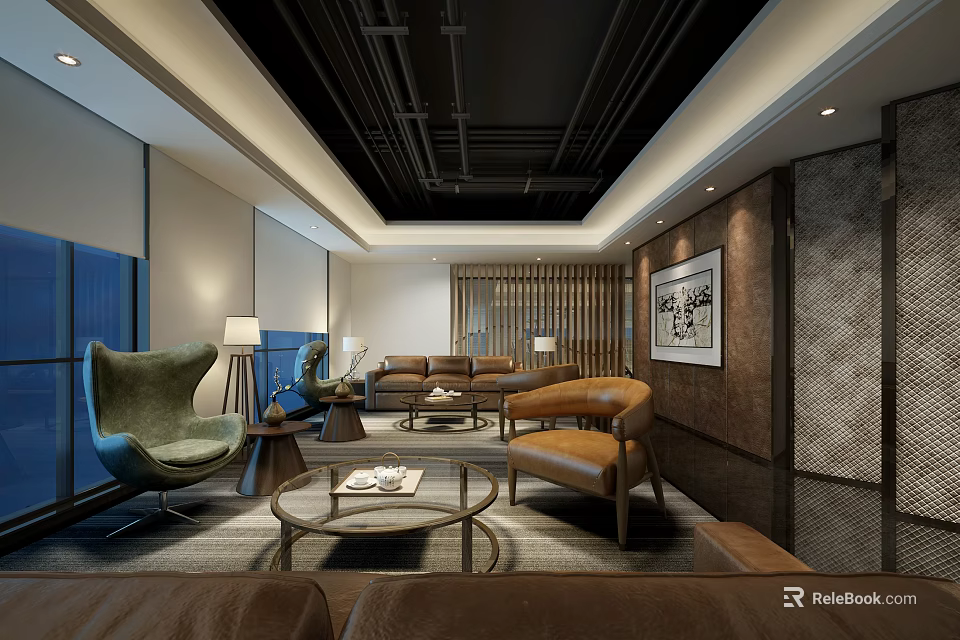 Modern Office Lounge Space With Leather Sofas Accent Chairs Coffee Table And Decorative Artwork 3d model
