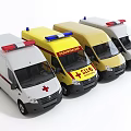 Multiple Colored Emergency Ambulance Vehicles With Red Blue Lights And Medical Crosses