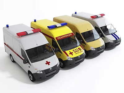 Multiple Colored Emergency Ambulance Vehicles With Red Blue Lights And Medical Crosses 3d model
