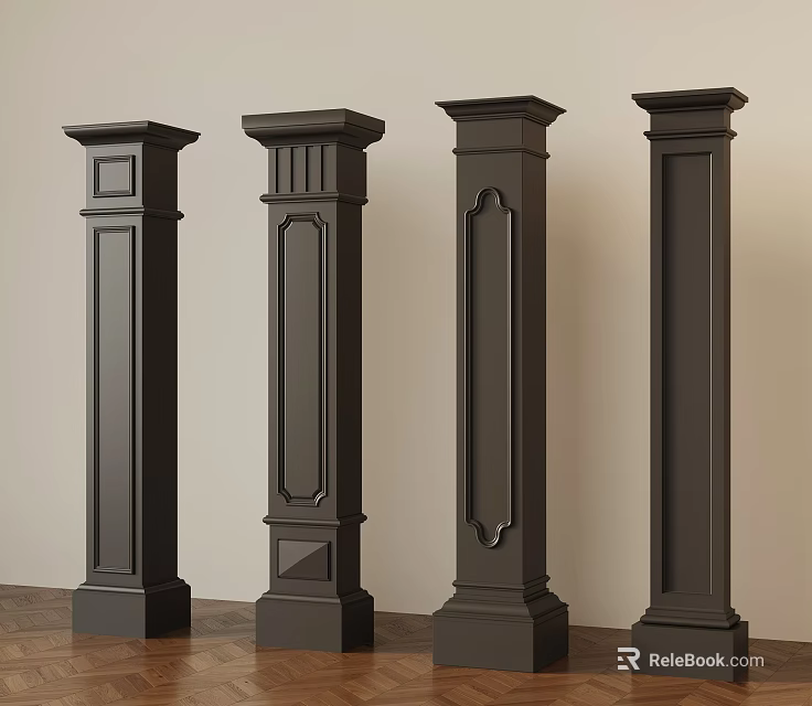 Elegant Black Columns With Various Intricate Designs For Interior Decor 3d model