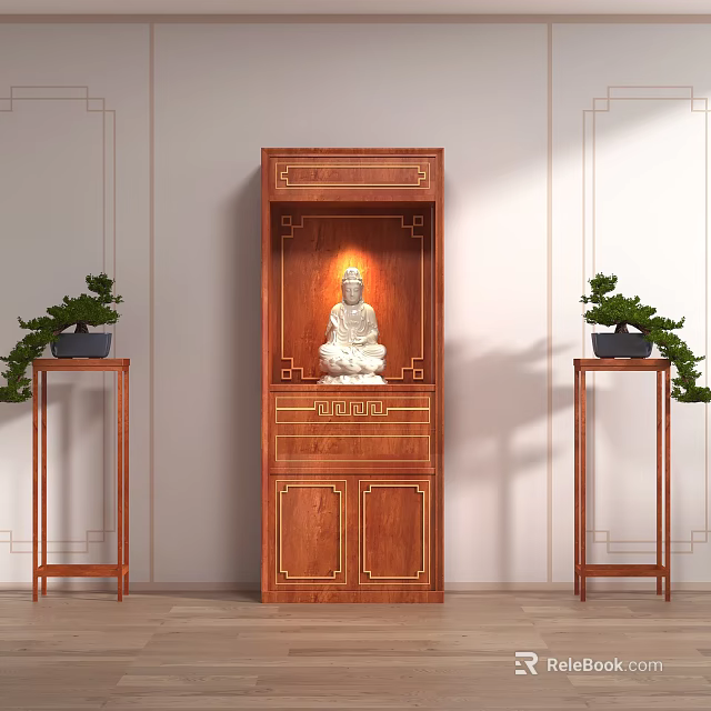 Chinese Style Wooden Buddha Niche Cabinet With Statue And Side Plants 3d model 