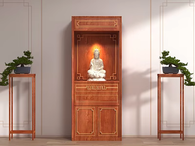 Chinese Style Wooden Buddha Niche Cabinet With Statue And Side Plants 3d model