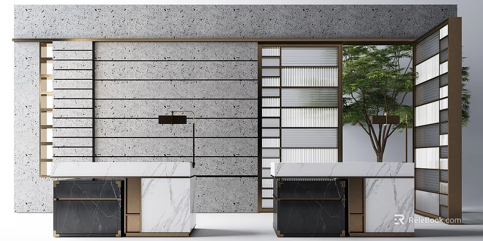 Modern Reception Desk Featuring Marble Countertop Gray Striped Backdrop Wooden Slatted Door And Green Plant 3d model 