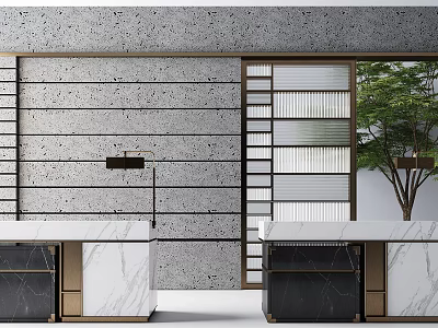 Modern Reception Desk Featuring Marble Countertop Gray Striped Backdrop Wooden Slatted Door And Green Plant 3d model