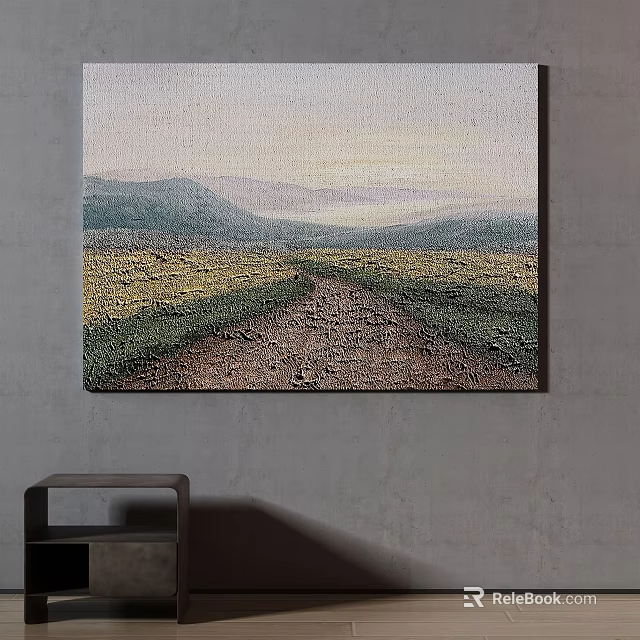 Rural Landscape Painting With Dirt Road Yellow Flower Fields And Distant Mountains 3d model 