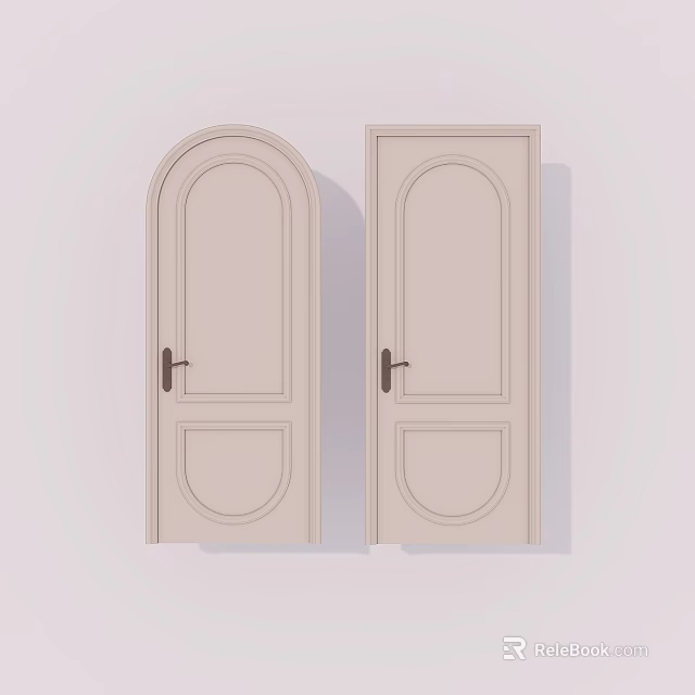 Light Colored Hinged Doors With Arched And Rectangular Top Designs And Handles 3d model