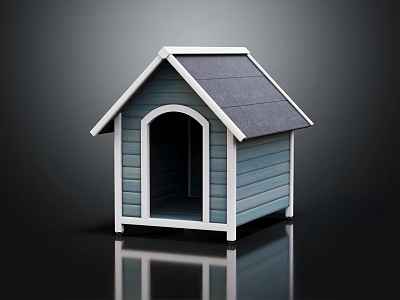 Blue Wooden Dog House With White Trim Gray Roof and Arch Doorway Design 3d model