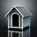 Blue Wooden Dog House With White Trim Gray Roof and Arch Doorway Design