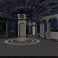 Stylish Restaurant Interior Featuring Arched Doorways Circular Tiled Floor Central Column And Mural Decor