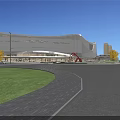 Modern Commercial Complex With Pink Purple Striped Curved Facade Featuring GUCCI Logo Trees People Cars