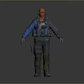 Game Movie Character in Blue Gray Tactical Outfit with Vest Goggles Gloves