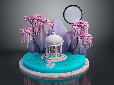 Weeping Pink Trees And Lotus Plants Around White Pavilion On Blue Platform Under Full Moon 3d model