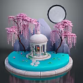 Weeping Pink Trees And Lotus Plants Around White Pavilion On Blue Platform Under Full Moon
