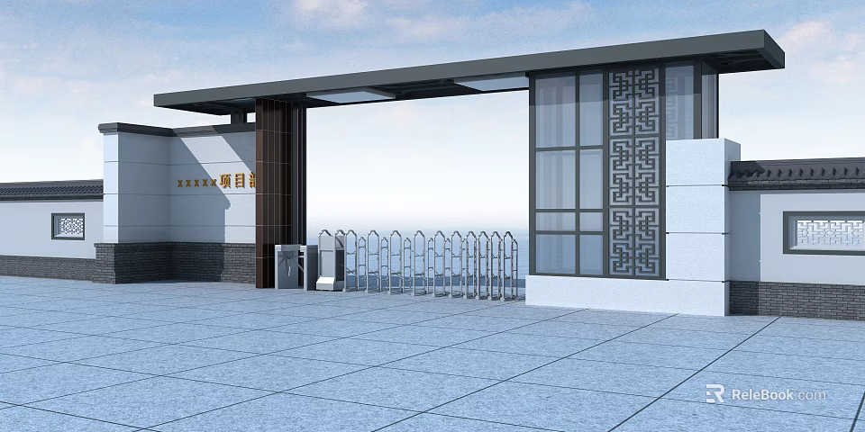 Modern Architectural Entrance Gate With Traditional Patterned Design And Access Control Turnstiles 3d model 