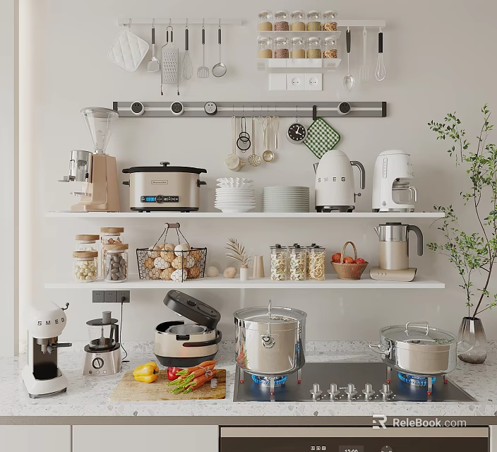Organized Modern Kitchen With Shelves Storage Jars Fresh Vegetables And Essential Appliances Coffee Maker Blender 3d model 