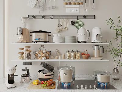 Organized Modern Kitchen With Shelves Storage Jars Fresh Vegetables And Essential Appliances Coffee Maker Blender 3d model