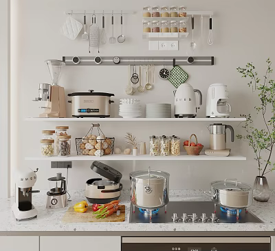 Organized Modern Kitchen With Shelves Storage Jars Fresh Vegetables And Essential Appliances Coffee Maker Blender 3d model
