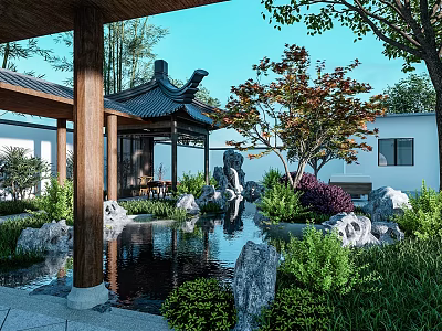 Traditional Courtyard Garden With Rockery Stones Pond Pavilion And Green Trees 3d model
