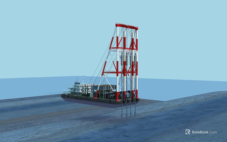 Offshore Drilling Platform Red And White Tall Tower Structure On Ocean With Vessel 3d model 