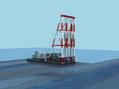 Offshore Drilling Platform Red And White Tall Tower Structure On Ocean With Vessel 3d model