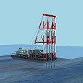 Offshore Drilling Platform Red And White Tall Tower Structure On Ocean With Vessel