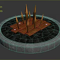 Outdoor Decorative Fire Pit Structure With Circular Stone Base Wooden Platform And Orange Flame Elements