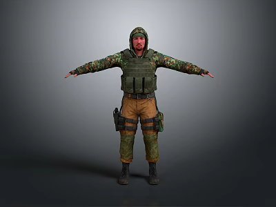 Man Standing In Camouflage Uniform With Hooded Green Vest Brown Pants Arms Outstretched Gray Background 3d model