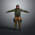 Man Standing In Camouflage Uniform With Hooded Green Vest Brown Pants Arms Outstretched Gray Background