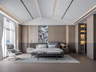 Modern Bedroom Interior Design With Wooden Walls Large Bed Decorative Painting Gray Chair And Rug 3d model