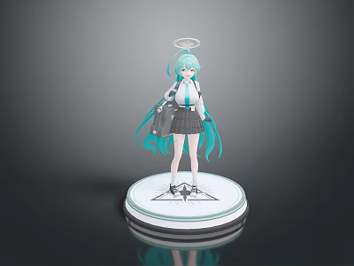 Anime Character With Teal Hair Angel Halo And School Uniform Standing On Emblem Base 3d model