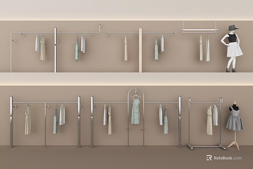 Sturdy Metal Display Racks With Hanging Clothes For Modern Retail Clothing Stores 3d model 
