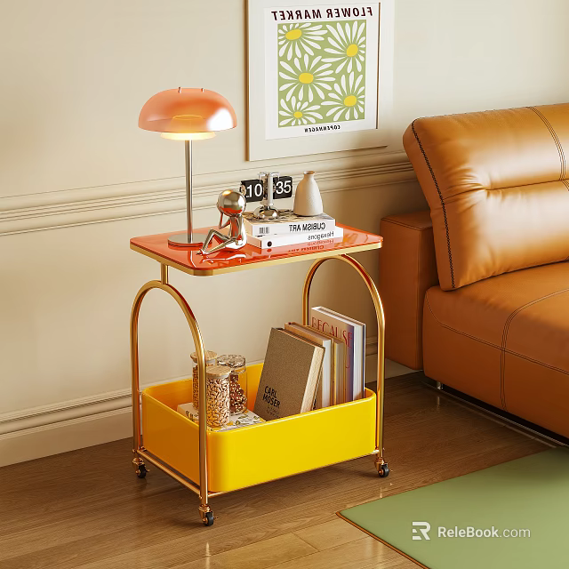 Gold Frame Side Table With Red Tabletop Yellow Storage Basket And Table Lamp 3d model