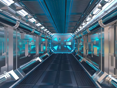 Modern Living Supplies In Futuristic Corridor With Metallic Walls And Blue Lighting 3d model