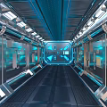 Modern Living Supplies In Futuristic Corridor With Metallic Walls And Blue Lighting