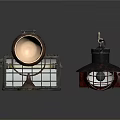 Vintage Industrial Metal Lamps And Decorative Tools On Dark Background