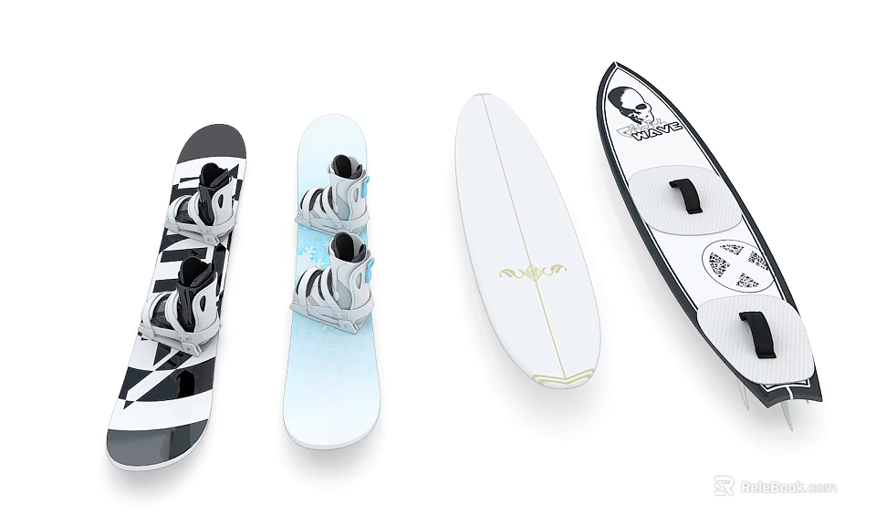 Sports Equipment Collection Featuring Snowboards With Bindings And Surfboards In White Black Blue And Gold Designs 3d model 