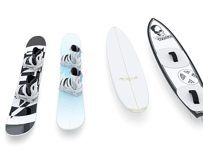 Sports Equipment Collection Featuring Snowboards With Bindings And Surfboards In White Black Blue And Gold Designs 3d model